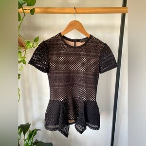 BCBG Maxazria Vicktoria Peplum Lace Blouse Black Tan X-Small